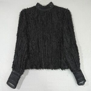 Stellah Womens Black Fringe Mock Neck Top Size S Crochet Trim Boho Dark Feminine